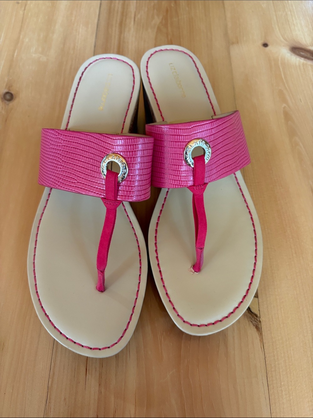 Liz Claiborne Hot Pink Textured Toe-Post Sandals with Silver Accent